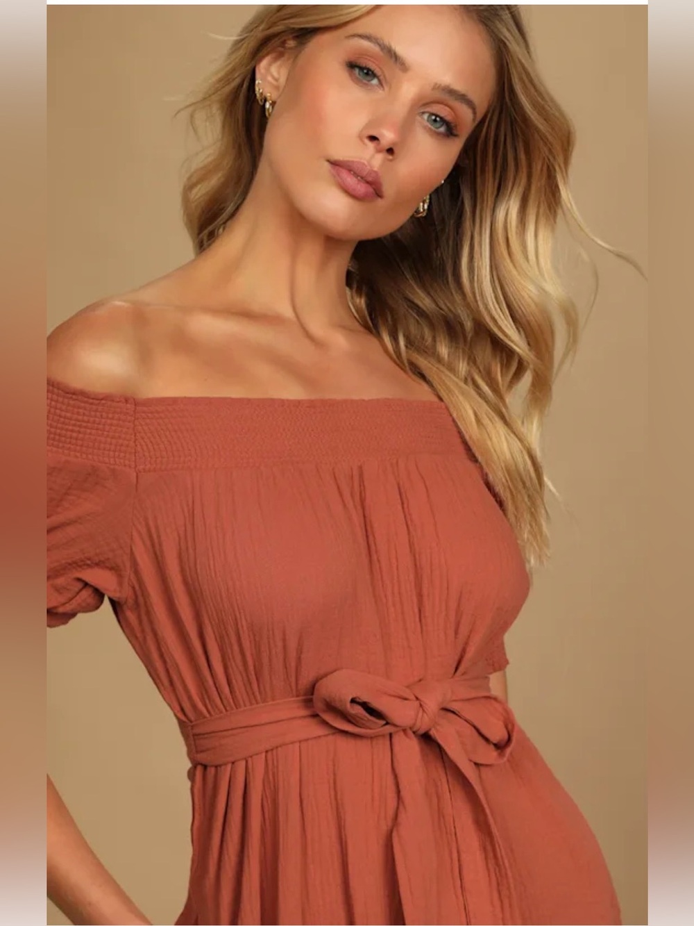 Lulus Ready For Sunshine Rust Orange Off-the-shoulder Maxi Dress - Size Small - Picture 2 of 7